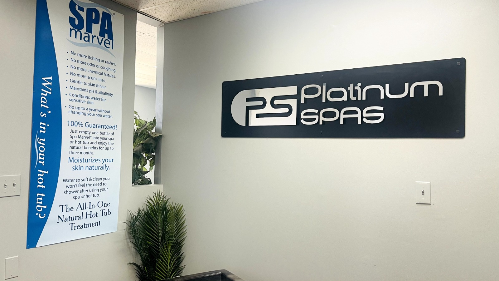 Platinum Spas sign inside the showroom