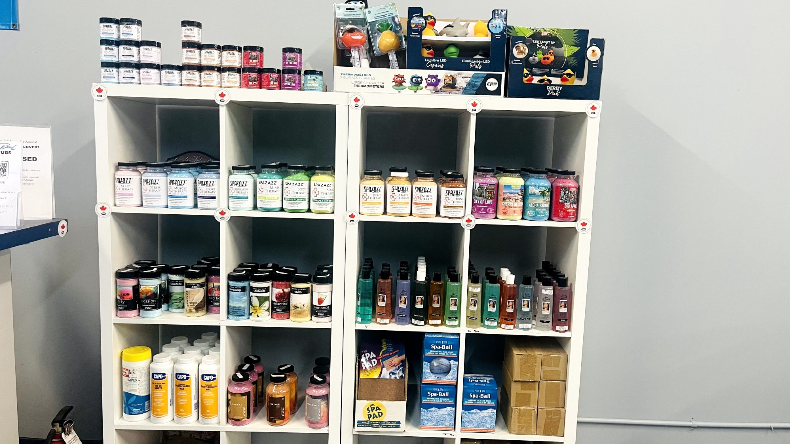 Hot tub fragrance and water care product shelves